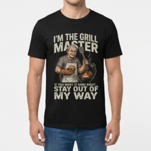 Funny Grill Master Stay Out Of My Way T-Shirt 9 Male model wearing the black Grill Master Stay Out Of My Way graphic t-shirt from the front.