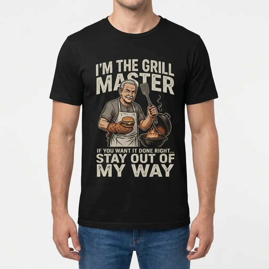 Funny Grill Master Stay Out Of My Way T-Shirt 4 Male model wearing the black Grill Master Stay Out Of My Way graphic t-shirt from the front.