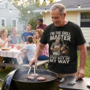 Funny Grill Master Stay Out Of My Way T-Shirt 10 Grill Master graphic t-shirt displayed in a casual outdoor lifestyle barbecue setting.