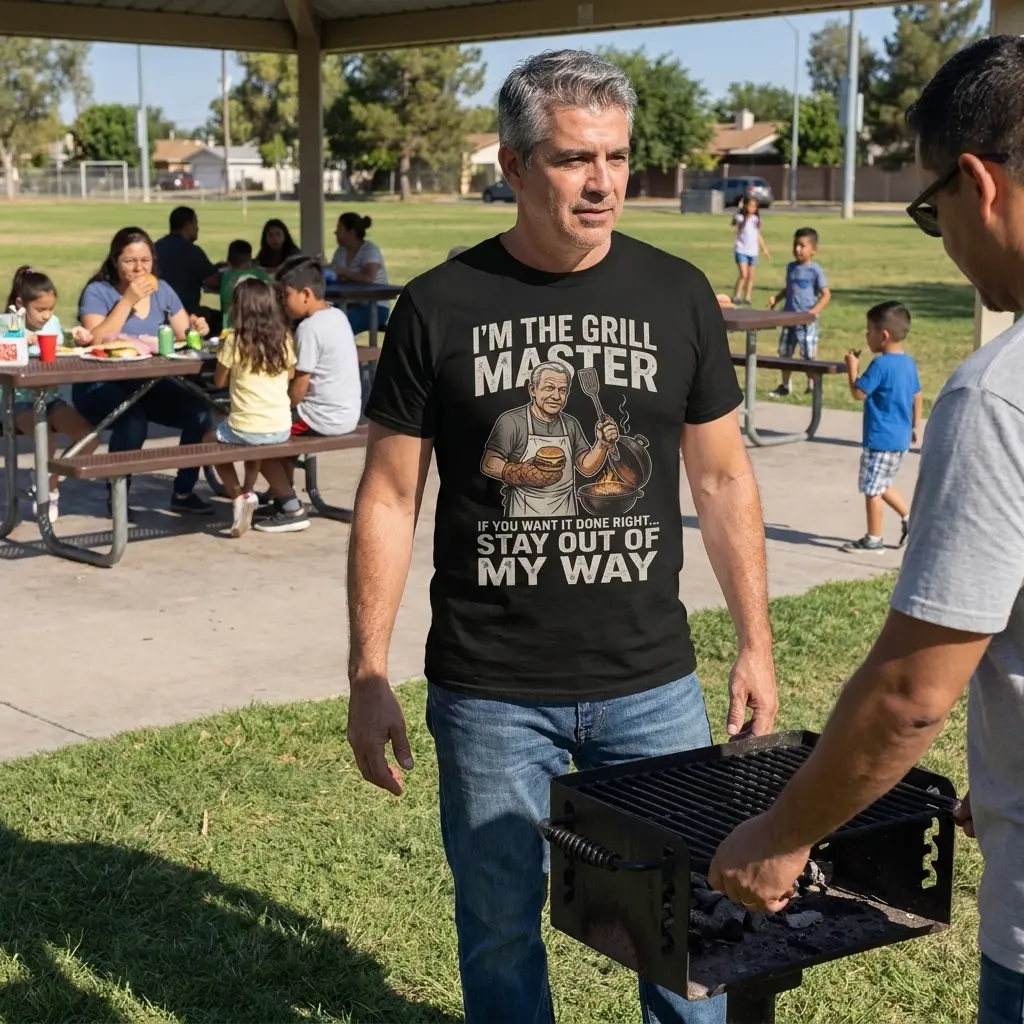 Funny Grill Master Stay Out Of My Way T-Shirt 6 Lifestyle showcase of the funny Grill Master Stay Out Of My Way t-shirt in natural wear.