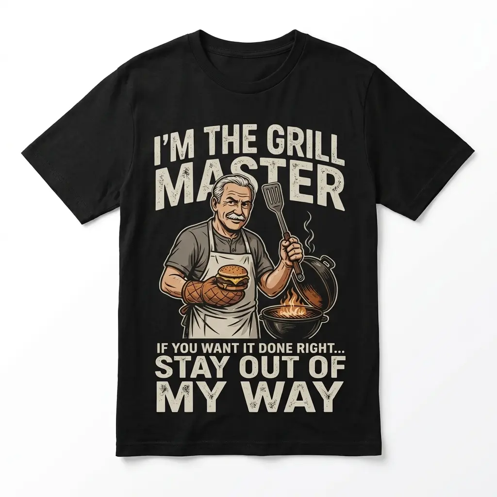 Funny Grill Master Stay Out Of My Way T-Shirt 1 Front flat lay of a black Grill Master T-shirt with vintage barbecue chef graphic and Stay Out Of My Way quote.