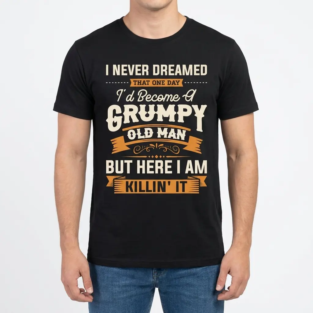 Front view of a man wearing the black funny grumpy old man shirt with bold typography.