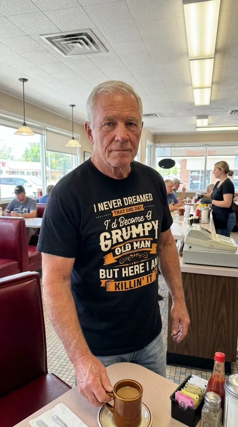 Lifestyle presentation showcasing the funny Grumpy Old Man graphic apparel.