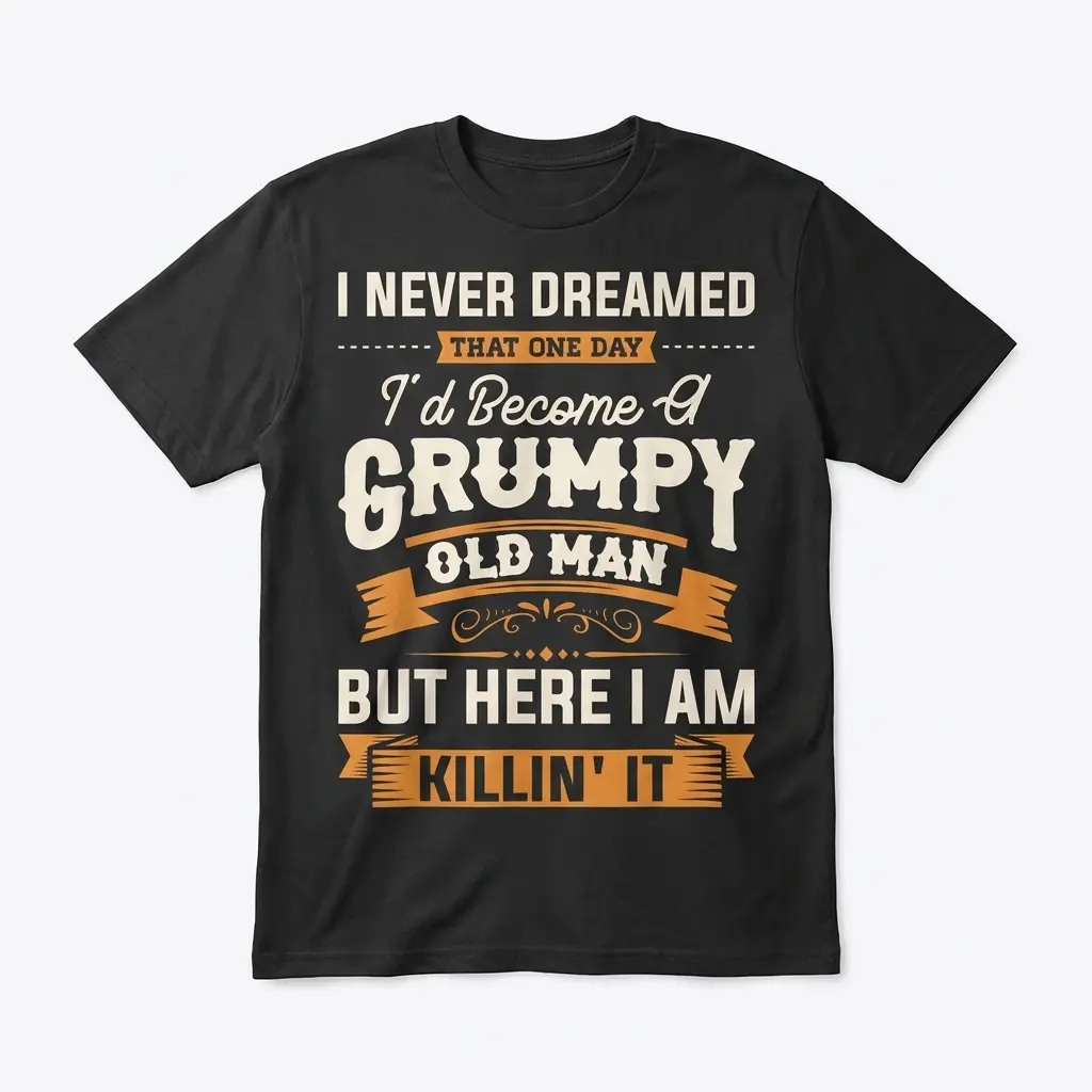 Grumpy Old Man Shirt ? black flat lay tee reading I Never Dreamed That One Day I'd Become A Grumpy Old Man But Here I Am Killin' It