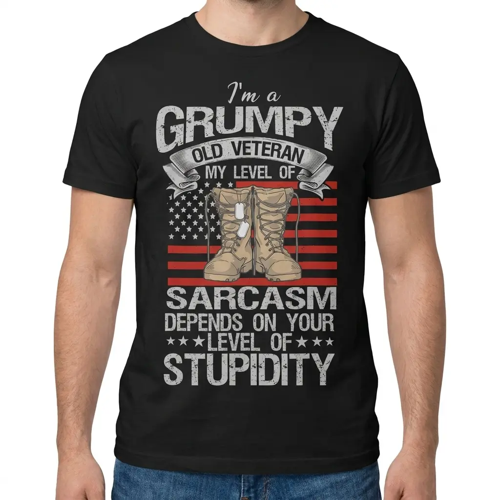Man modeling the shirt from the front, showing the grumpy veteran sarcasm graphic with combat boots and American flag details.