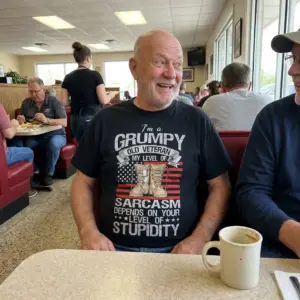 Funny Grumpy Old Veteran Sarcasm T-Shirt 10 Lifestyle presentation of the grumpy veteran sarcasm shirt design with combat boots, flag stripes, and bold humorous lettering.