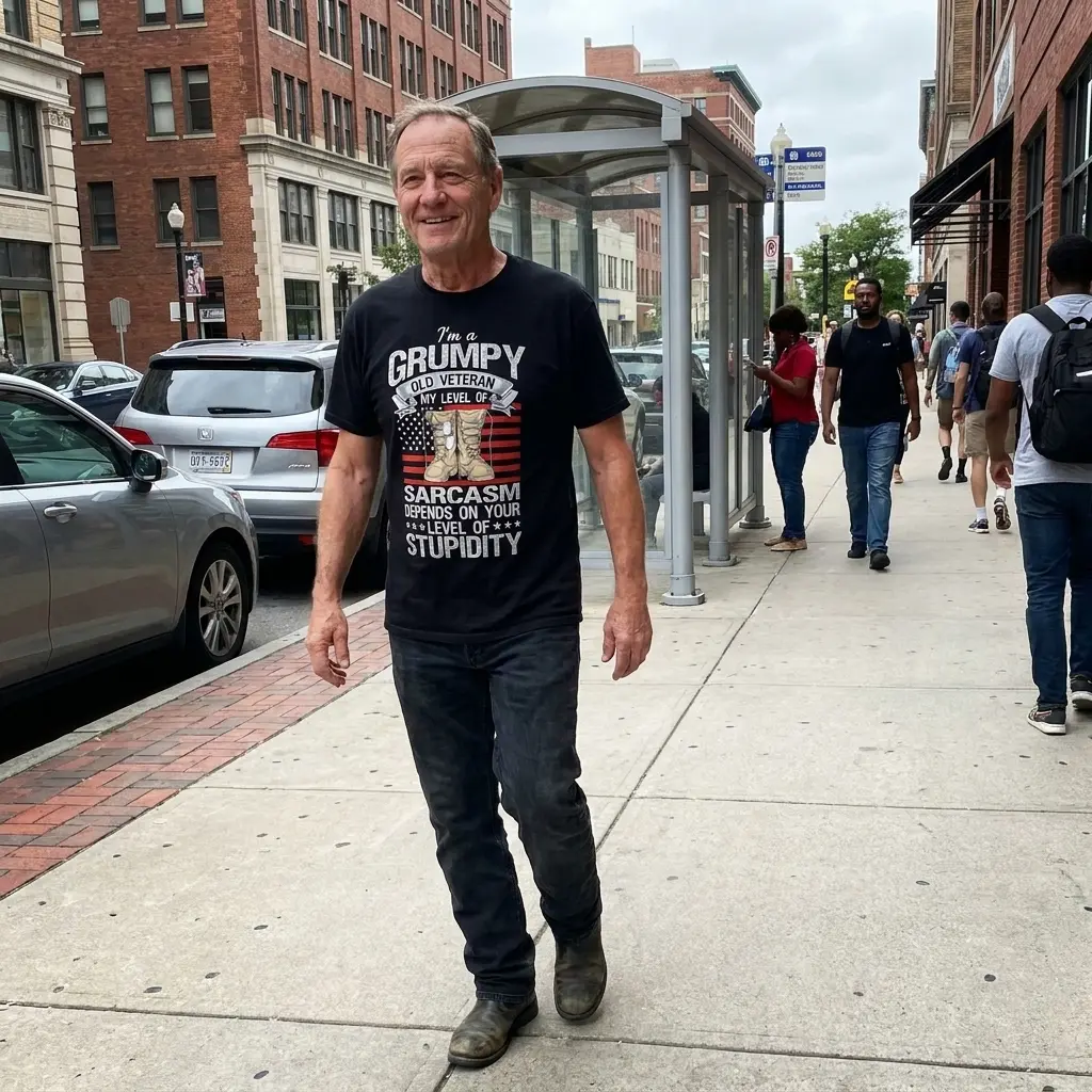 Grumpy veteran shirt shown in a lifestyle setting with its combat boot graphic, American flag motif, and sarcastic message.