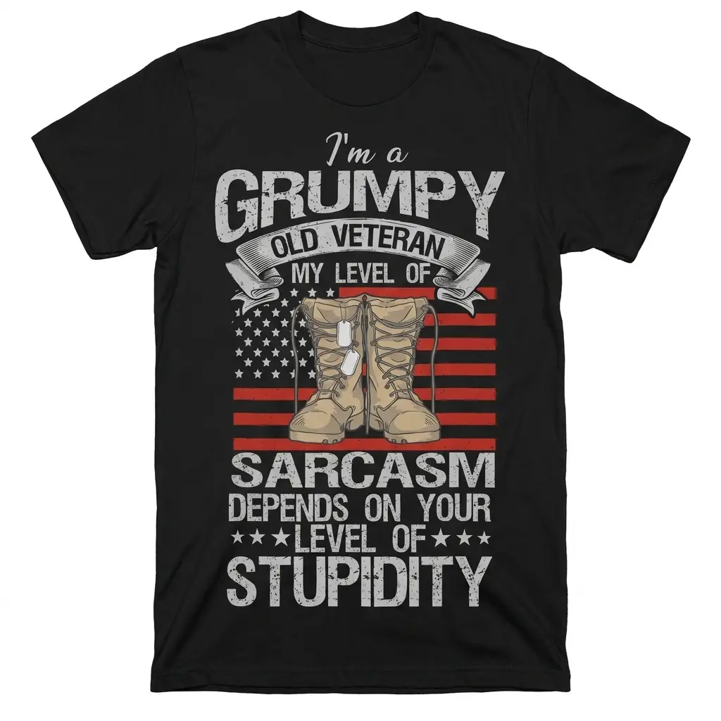 Front flat-lay black T-shirt featuring a grumpy veteran sarcasm design with combat boots, American flag stripes, and bold text.