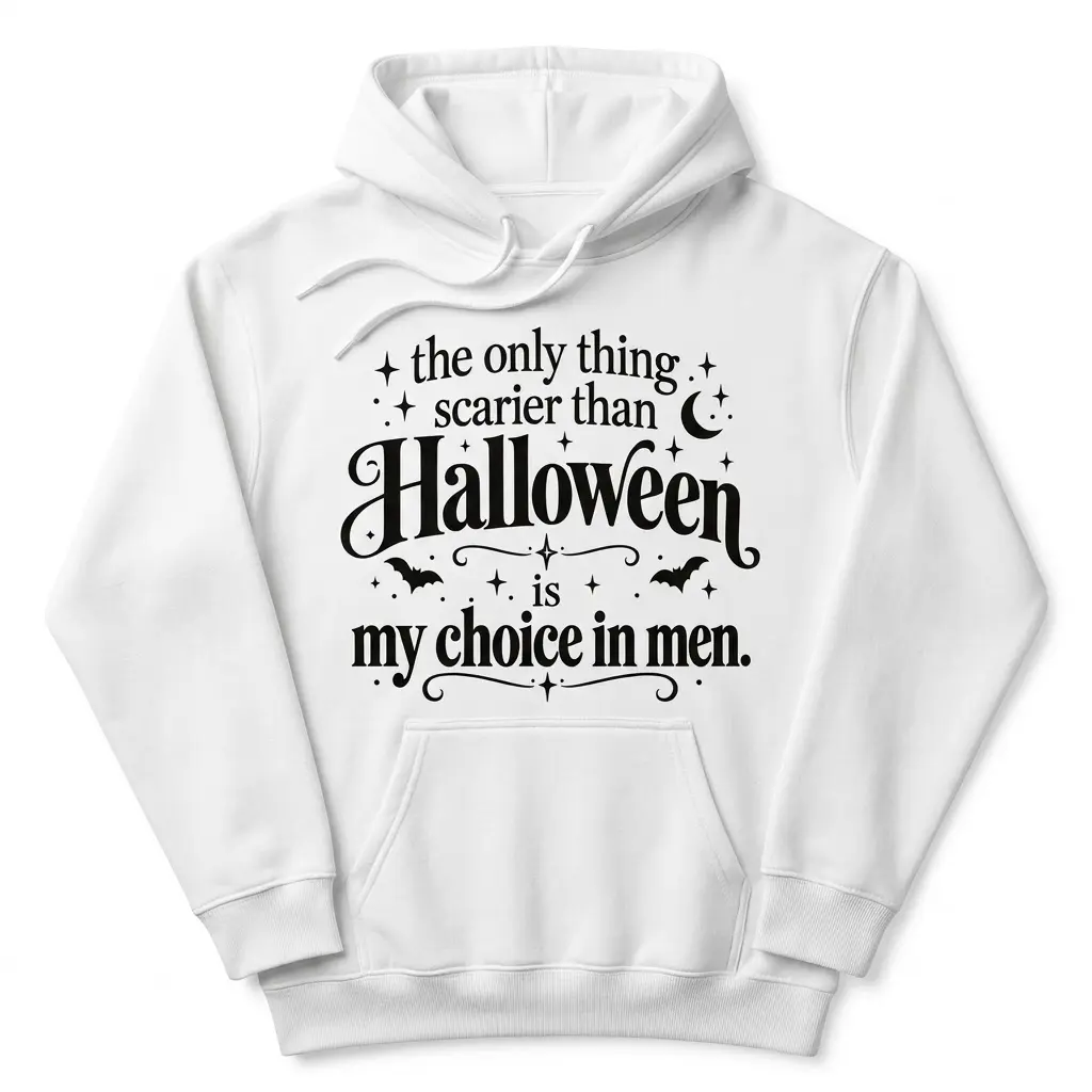Front-flatlay hoodie featuring the funny Halloween message “The only thing scarier than Halloween is my choice in men” with bats and stars.