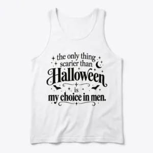 Funny Halloween Choice In Men T-Shirt 8 Front-flatlay tank top displaying black Halloween lettering, bats, stars, and a crescent moon with a playful choice-in-men message.