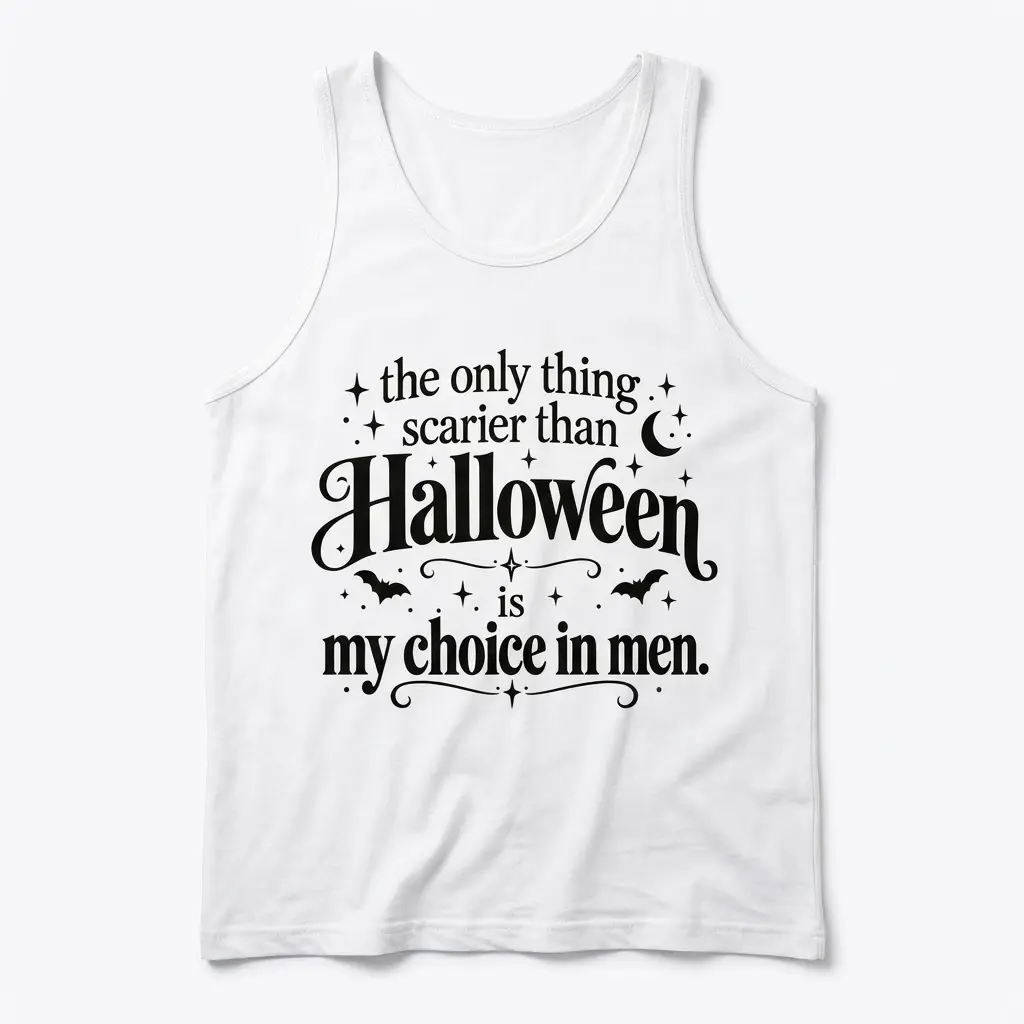 Front-flatlay tank top displaying black Halloween lettering, bats, stars, and a crescent moon with a playful choice-in-men message.