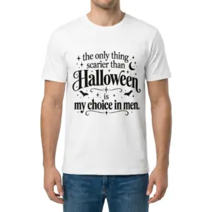 Funny Halloween Choice In Men T-Shirt 9 Front view of a man wearing a T-shirt with a black Halloween graphic and the phrase “my choice in men.”