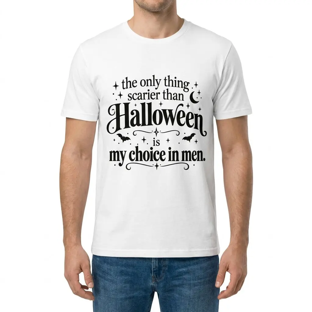 Front view of a man wearing a T-shirt with a black Halloween graphic and the phrase “my choice in men.”
