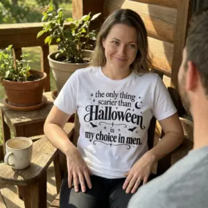 Funny Halloween Choice In Men T-Shirt 10 Lifestyle view featuring the Halloween shirt design with bold lettering, decorative stars, bats, and a crescent moon.