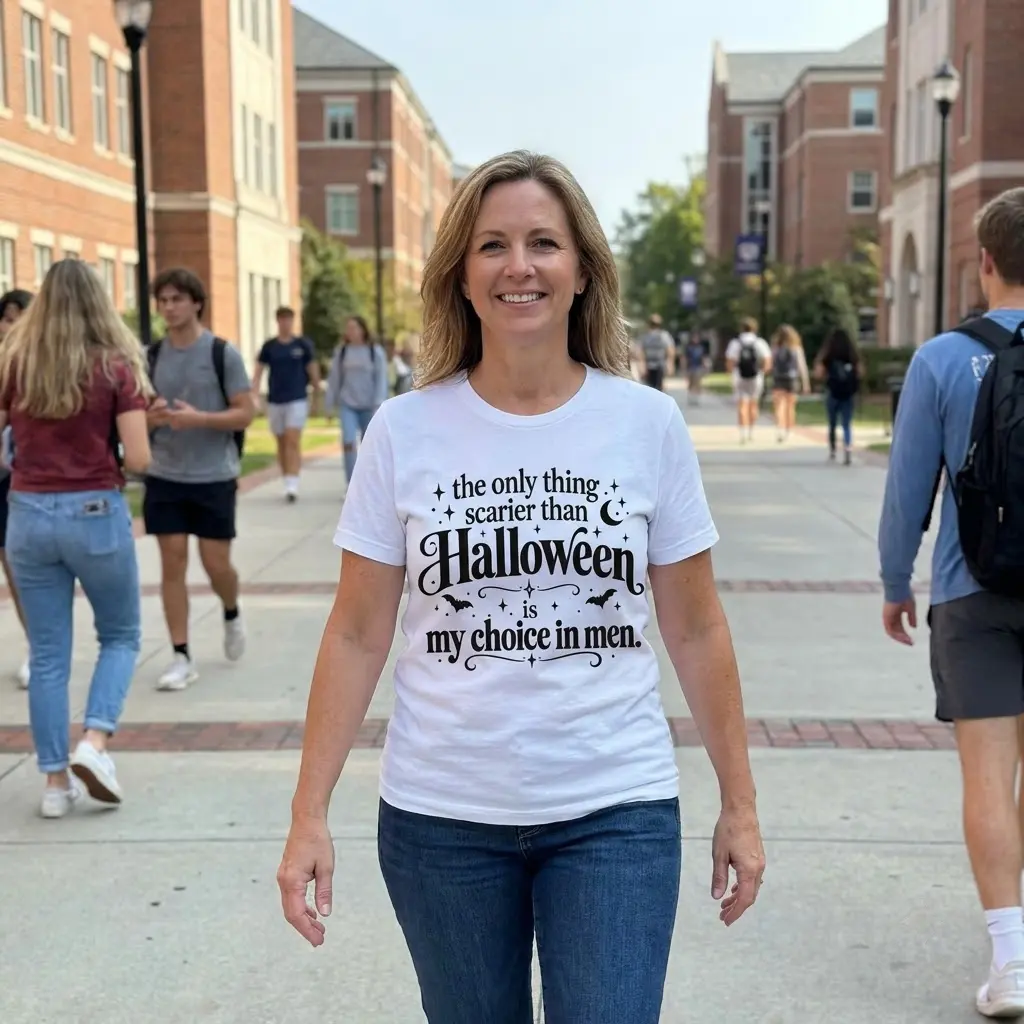 Lifestyle presentation of the funny Halloween shirt showing its statement text, bats, stars, and crescent moon artwork.