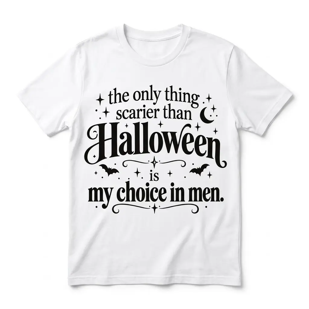 White T-shirt front flatlay with black text reading “The only thing scarier than Halloween is my choice in men,” plus bats and stars.