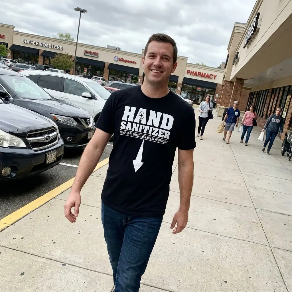 Funny Hand Sanitizer Arrow T-Shirt 6 Lifestyle view showing apparel with the hand sanitizer shirt graphic and bold arrow design.