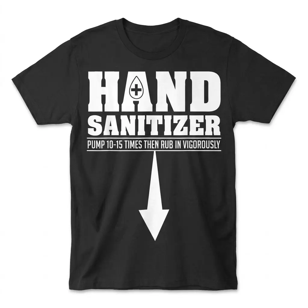 Funny Hand Sanitizer Arrow T-Shirt 1 Front flat lay of a hand sanitizer shirt with bold white lettering, droplet icon, instructions, and downward arrow.