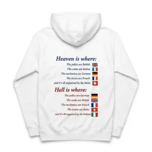 Funny Heaven and Hell Nationalities T-Shirt 7 Back view flat lay of a hoodie featuring the funny Heaven and Hell nationalities joke text and flags.