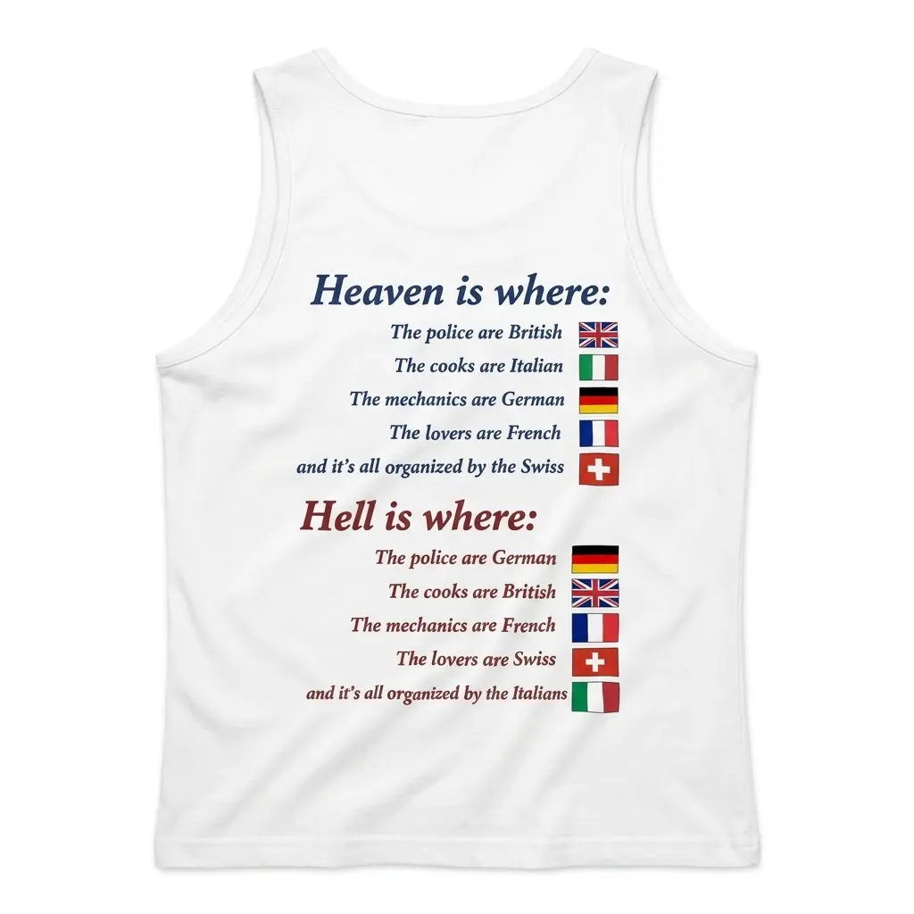 Back flat lay of a tank top with the funny Heaven and Hell European nationalities graphic.