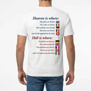 Funny Heaven and Hell Nationalities T-Shirt 9 Rear view of a man wearing the funny Heaven and Hell nationality shirt.