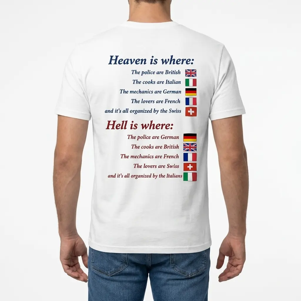 Rear view of a man wearing the funny Heaven and Hell nationality shirt.