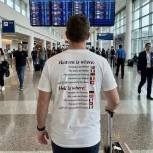 Funny Heaven and Hell Nationalities T-Shirt 10 Back view of the funny nationality shirt featuring Heaven and Hell European stereotypes in a lifestyle setting.