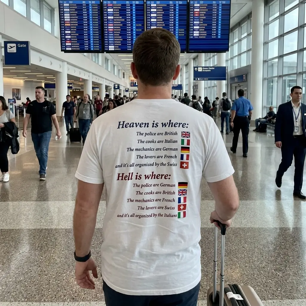 Back view of the funny nationality shirt featuring Heaven and Hell European stereotypes in a lifestyle setting.