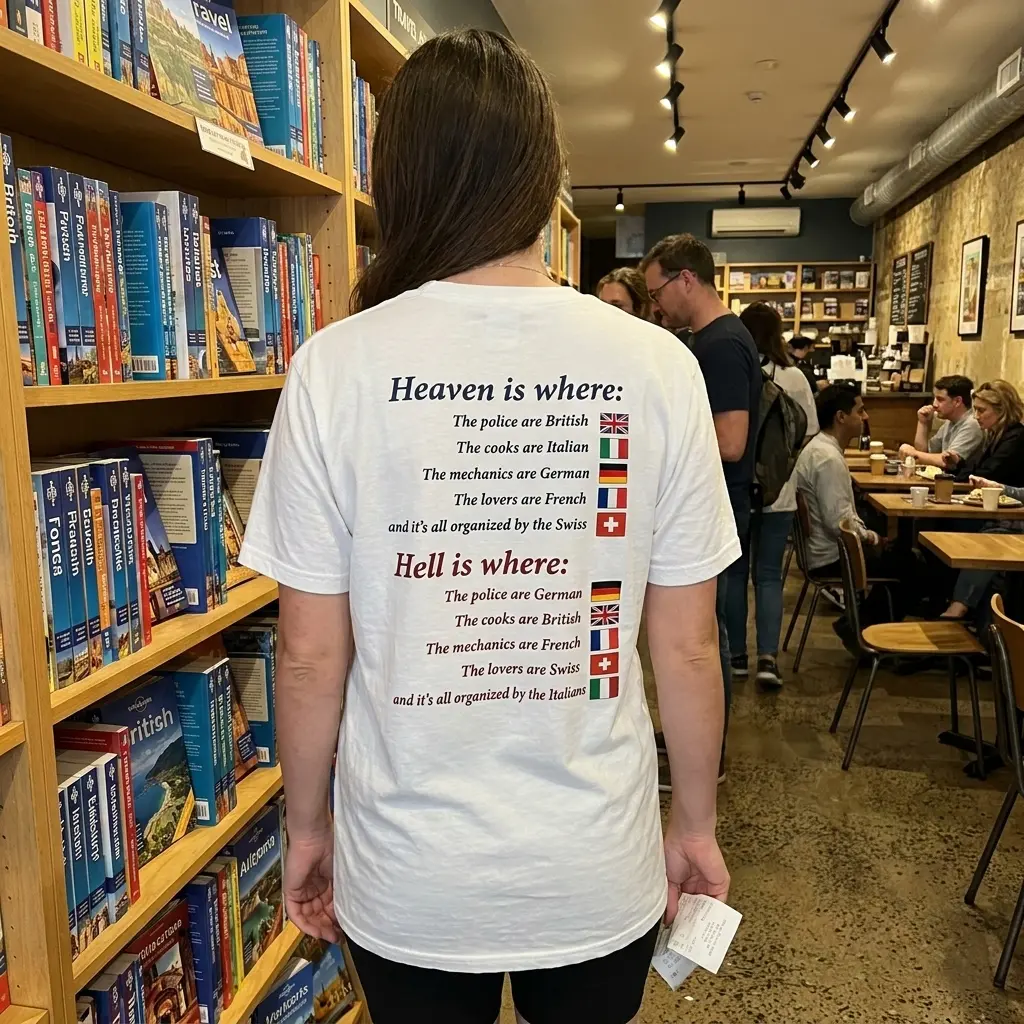 Lifestyle presentation highlighting the Heaven and Hell nationality joke design on the back of the shirt.