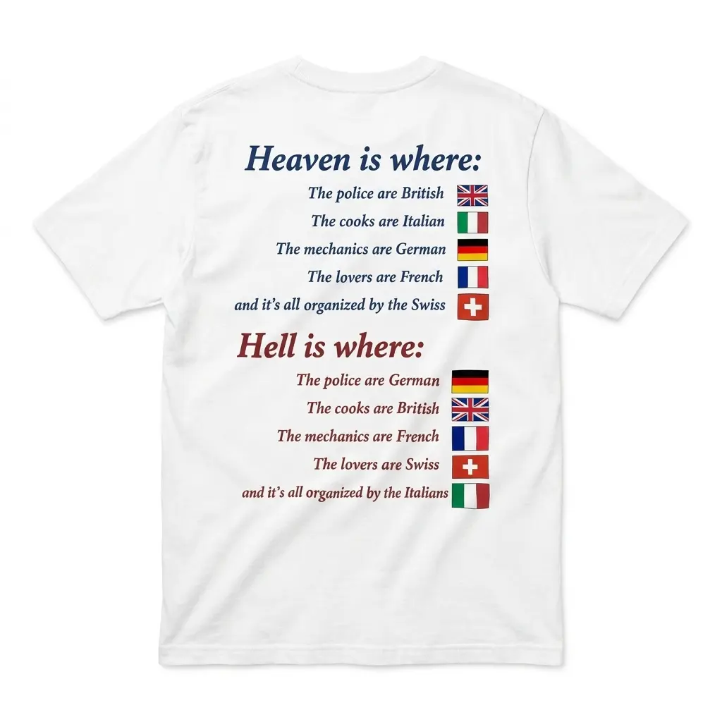 Back flat lay of a white t-shirt featuring a funny European nationalities Heaven and Hell joke with country flags.
