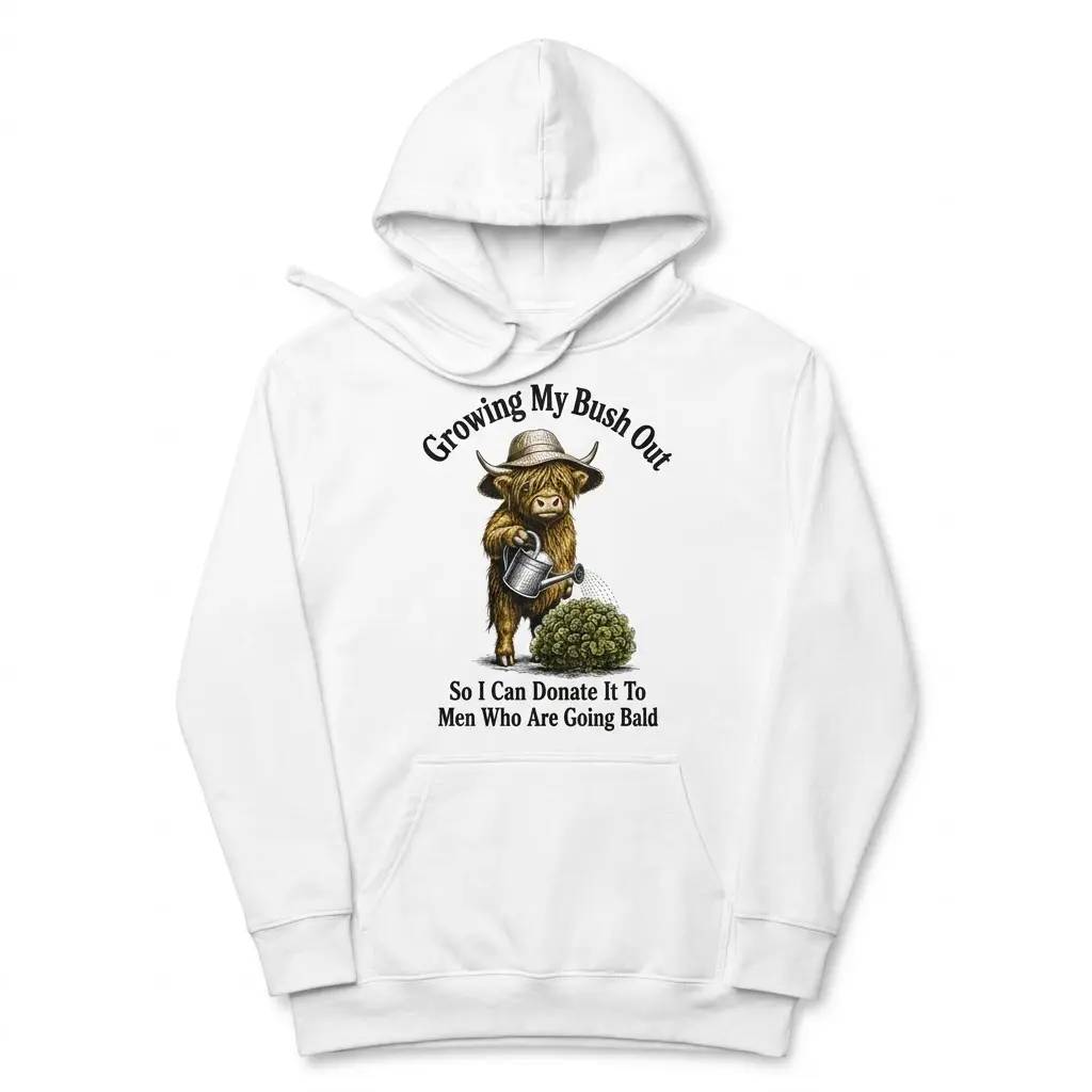 Funny Highland Cow Bush Joke T-Shirt 2 Front flat lay view of a hoodie featuring the funny highland cow bush joke graphic.