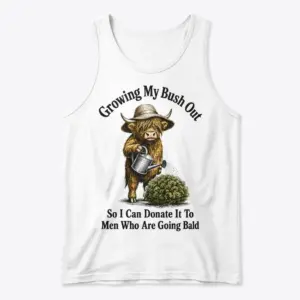 Funny Highland Cow Bush Joke T-Shirt 8 Flat lay view of a tank top printed with the humorous highland cow gardening graphic.