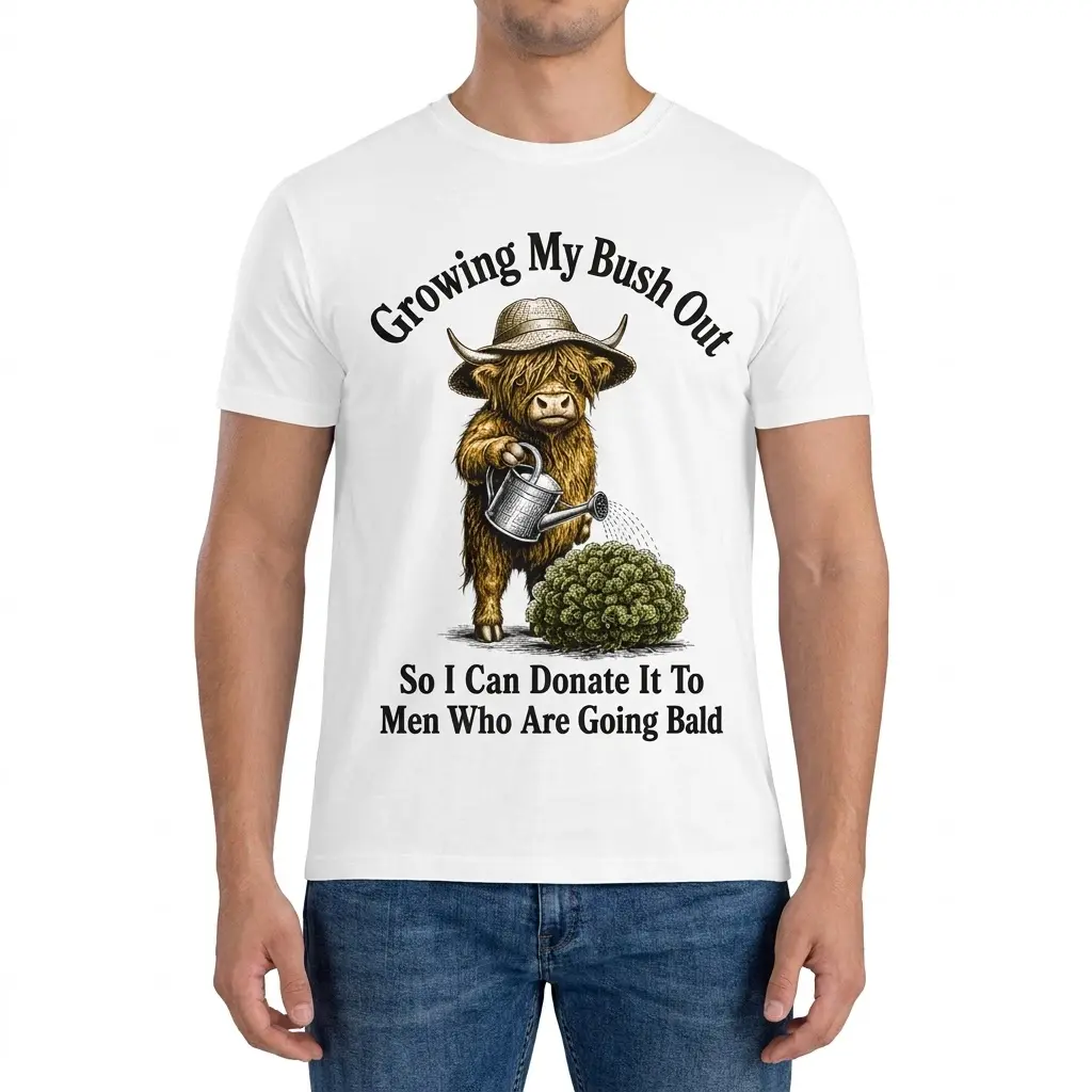 Funny Highland Cow Bush Joke T-Shirt 4 Front view of a man wearing the funny highland cow bush joke graphic t-shirt.
