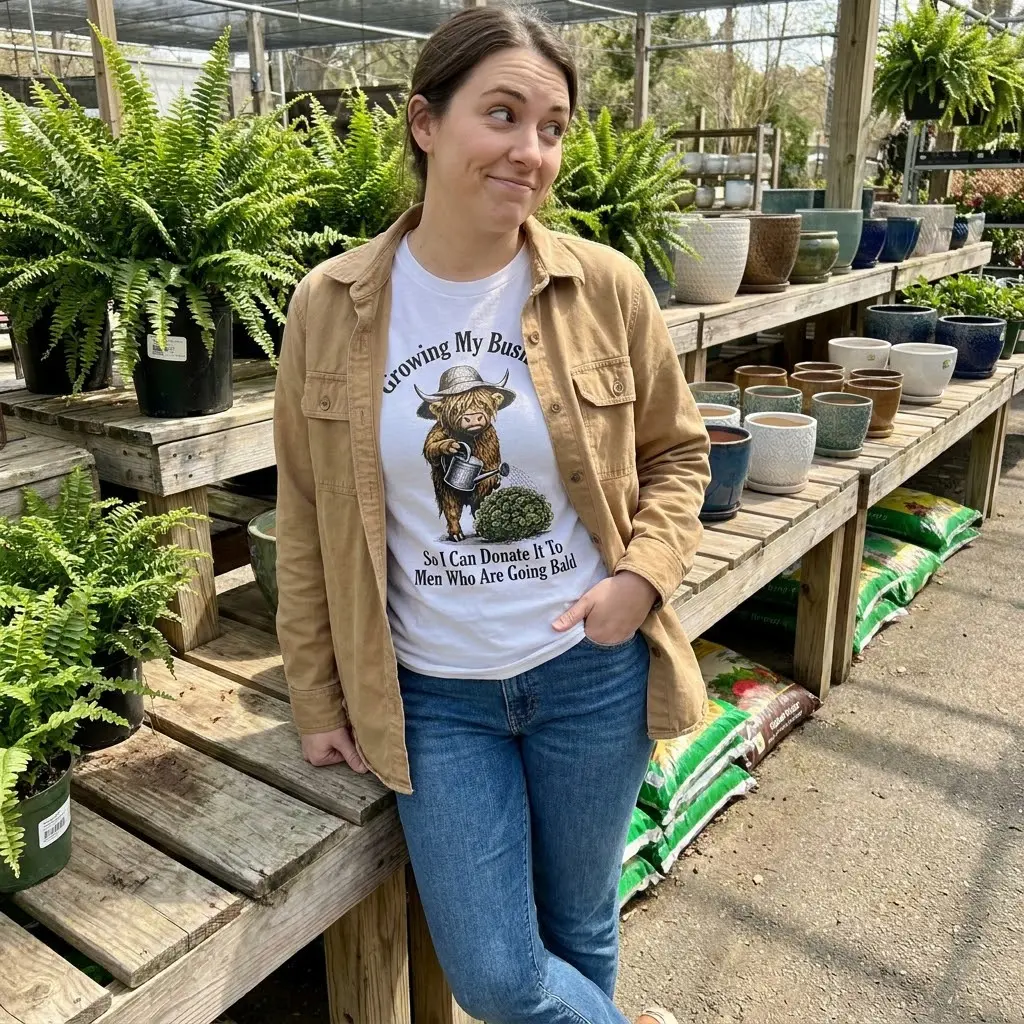 Funny Highland Cow Bush Joke T-Shirt 5 Lifestyle presentation of the funny highland cow joke apparel in a casual setting.