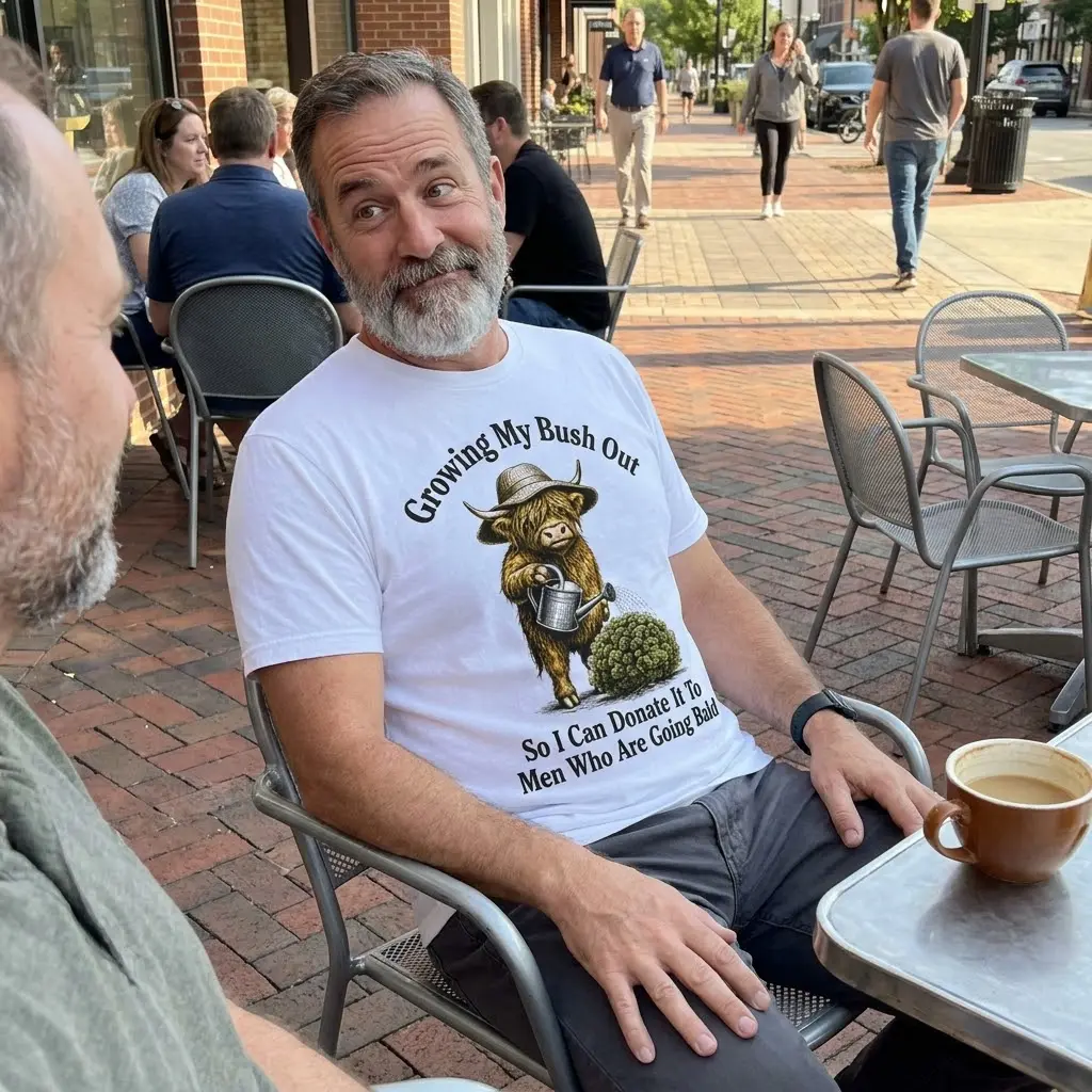 Funny Highland Cow Bush Joke T-Shirt 6 Casual lifestyle scene highlighting the funny highland cow bush joke graphic shirt.