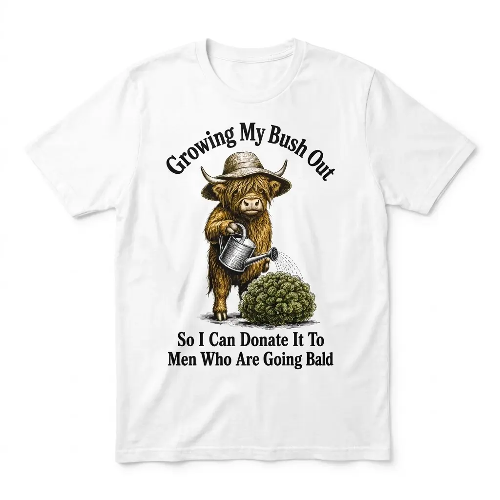 Funny Highland Cow Bush Joke T-Shirt 1 Flat lay of a funny highland cow shirt with a cow watering a bush and humorous text.