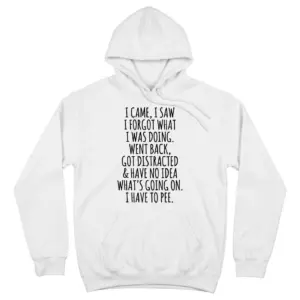 Funny I Came I Saw I Forgot Graphic T-Shirt 7 Front flat lay of a hoodie printed with the humorous I Came I Saw I Forgot quote design.
