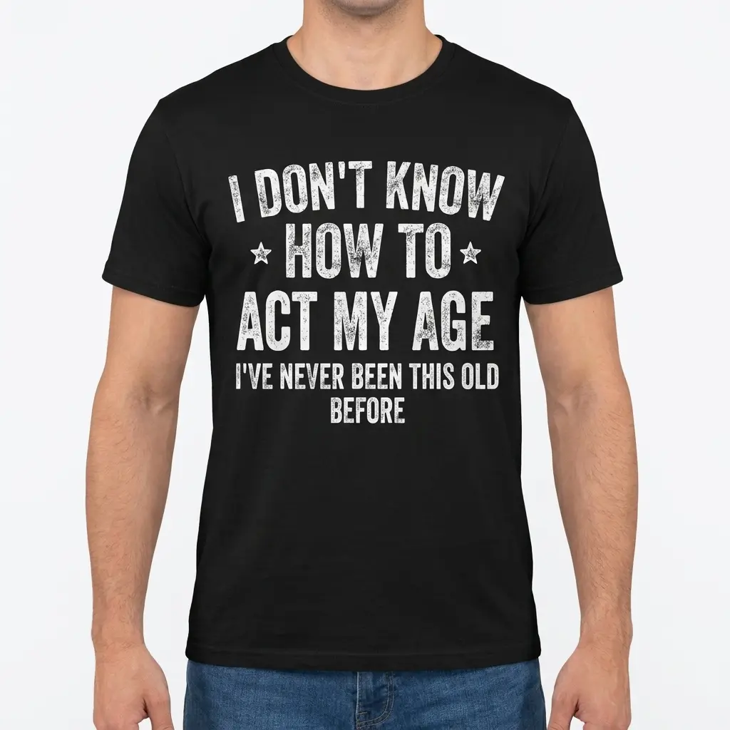 Front view of a man wearing a black funny t-shirt with the phrase 'I Don't Know How to Act My Age I've Never Been This Old Before'.
