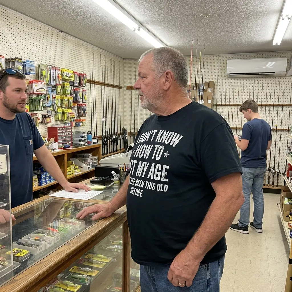 Older man at a tackle shop counter wearing a black I Don't Know How To Act My Age I've Never Been This Old Before funny birthday shirt