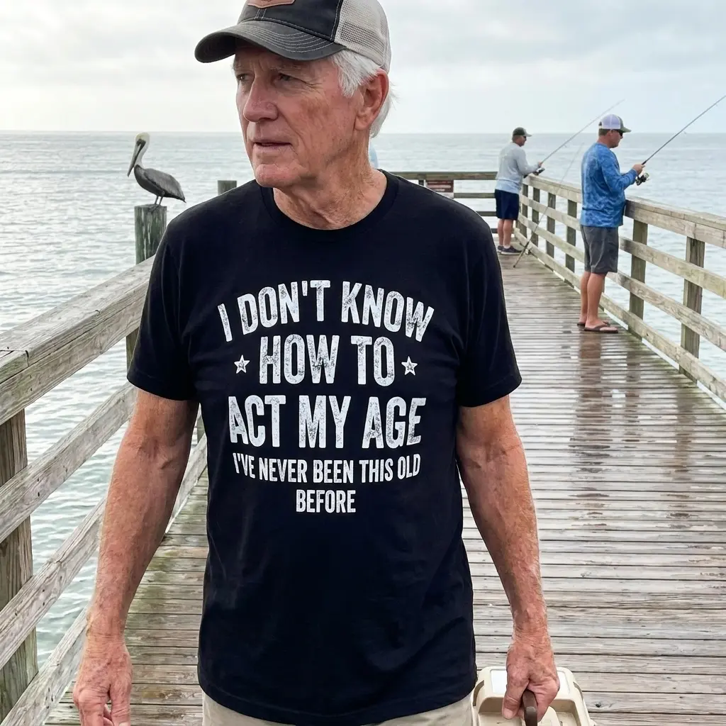 Close-up lifestyle view of the black shirt featuring the quote 'I've Never Been This Old Before'.