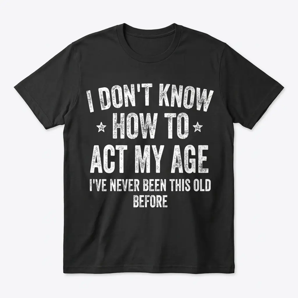 Flatlay of a black t-shirt printed with distressed text reading 'I Don't Know How to Act My Age I've Never Been This Old Before'.