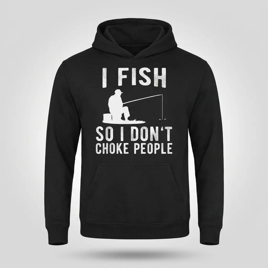 Funny I Fish So I Don't Choke People T-Shirt 2 Front flat lay of a hoodie printed with the humorous 'I Fish So I Don't Choke People' graphic design.