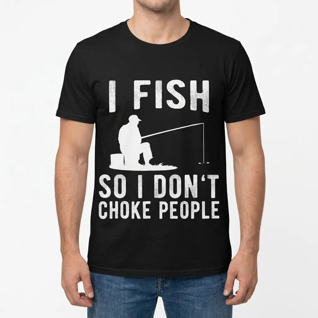 Funny I Fish So I Don't Choke People T-Shirt 4 Front view of a man wearing the funny fishing shirt with 'I Fish So I Don't Choke People' printed across the front.