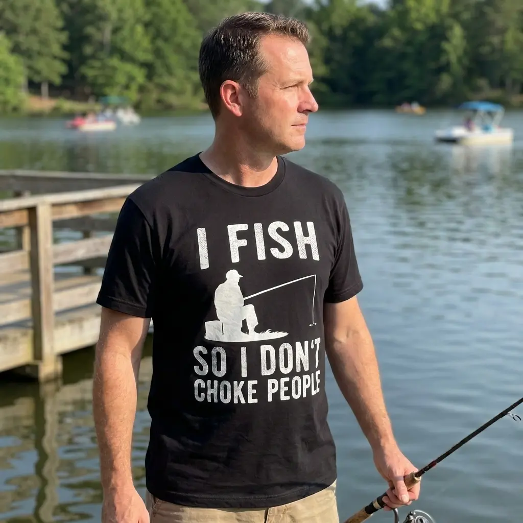 Funny I Fish So I Don't Choke People T-Shirt 5 Lifestyle shot highlighting the 'I Fish So I Don't Choke People' novelty graphic shirt in a casual setting.