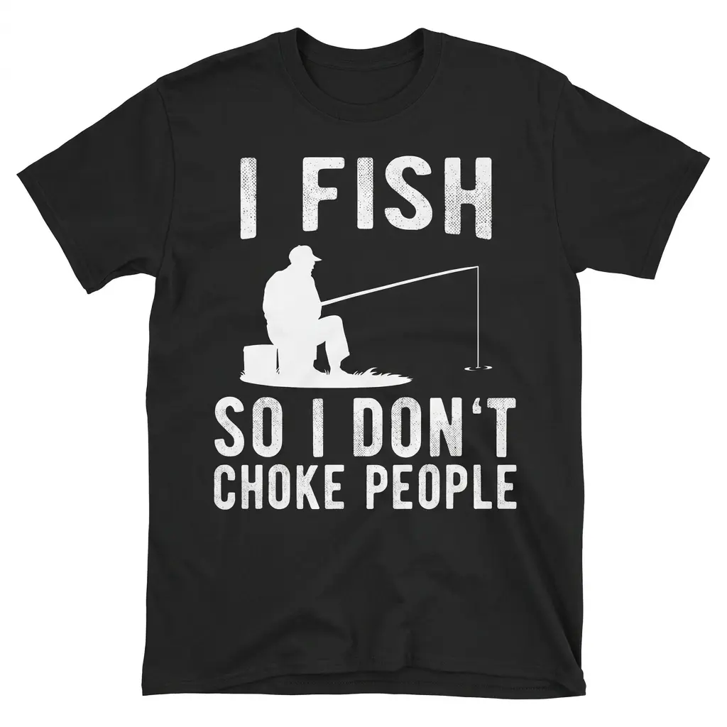 Funny I Fish So I Don't Choke People T-Shirt 1 Flat lay of a black t-shirt featuring 'I Fish So I Don't Choke People' with a fisherman silhouette graphic.