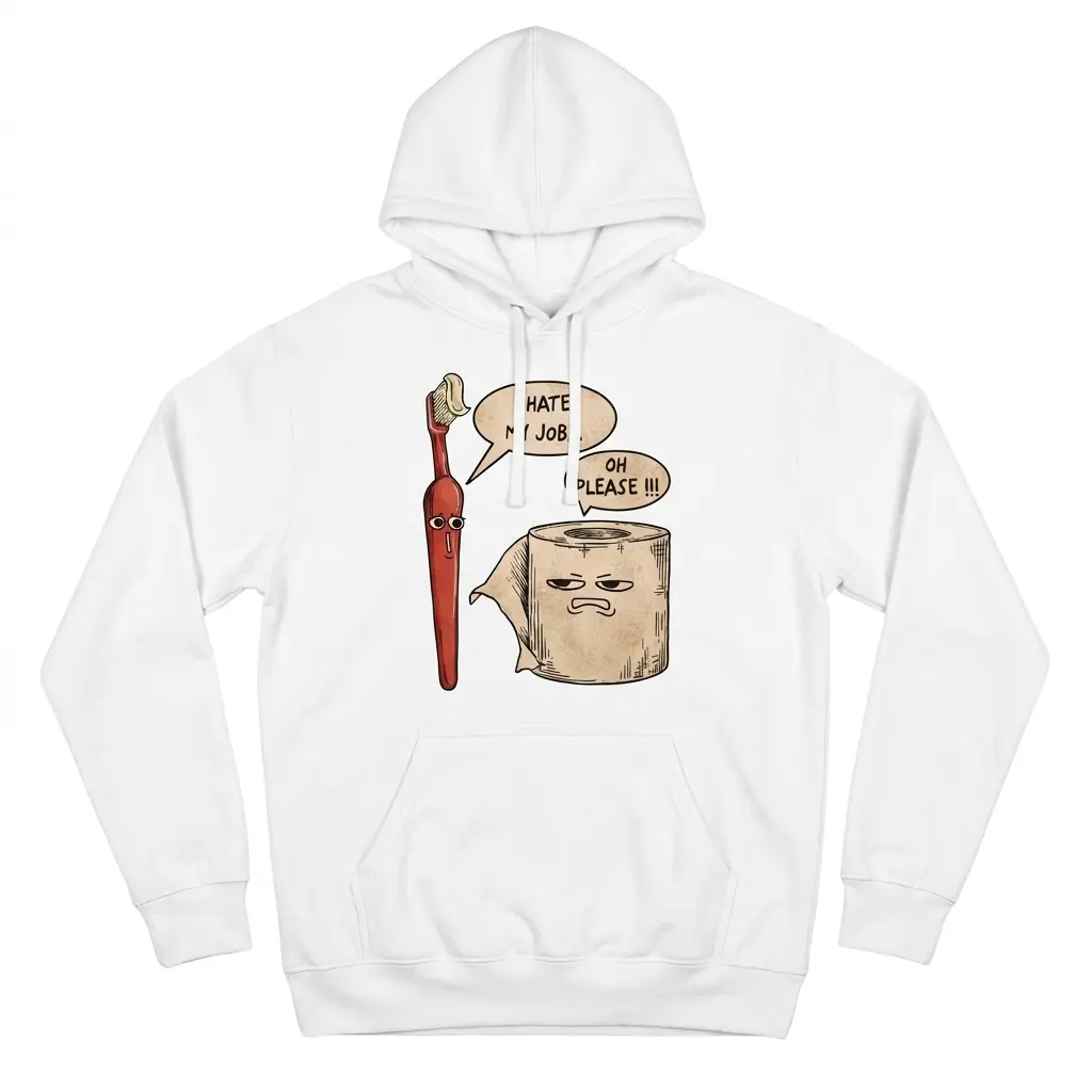 Front view of a hoodie featuring a paintbrush and toilet paper roll illustration with “I HATE MY JOB...” and “OH PLEASE!!!”