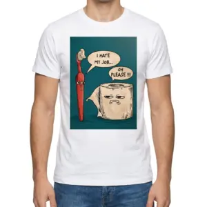 Funny I Hate My Job T-Shirt 9 Man wearing the front of an I Hate My Job Shirt with illustrated paintbrush and toilet paper roll characters