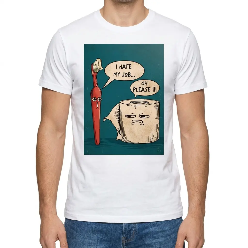 Man wearing the front of an I Hate My Job Shirt with illustrated paintbrush and toilet paper roll characters