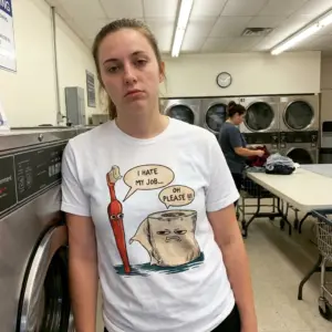 Funny I Hate My Job T-Shirt 11 Lifestyle view of the I Hate My Job Shirt design with a paintbrush, toilet paper roll, and humorous speech bubbles