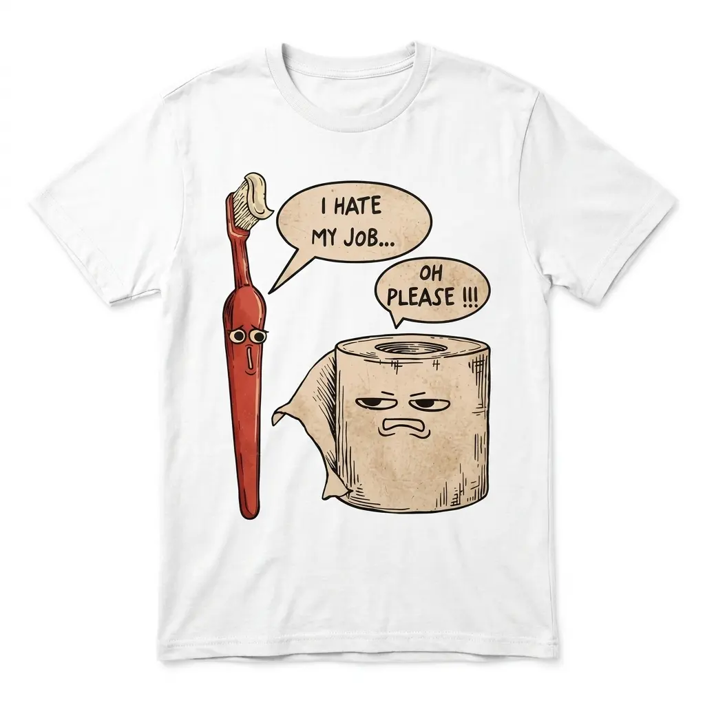 White T-shirt with an illustrated paintbrush and toilet paper roll saying “I HATE MY JOB...” and “OH PLEASE!!!”